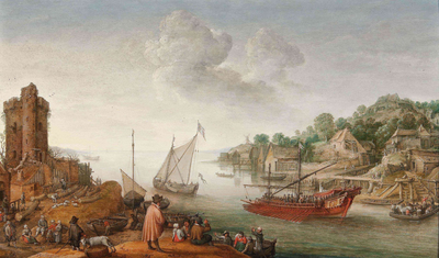 802108 Gezicht op de Bijlhouwerstoren te Utrecht in een gefantaseerd landschap met de uitmonding van een rivier in zee, ...